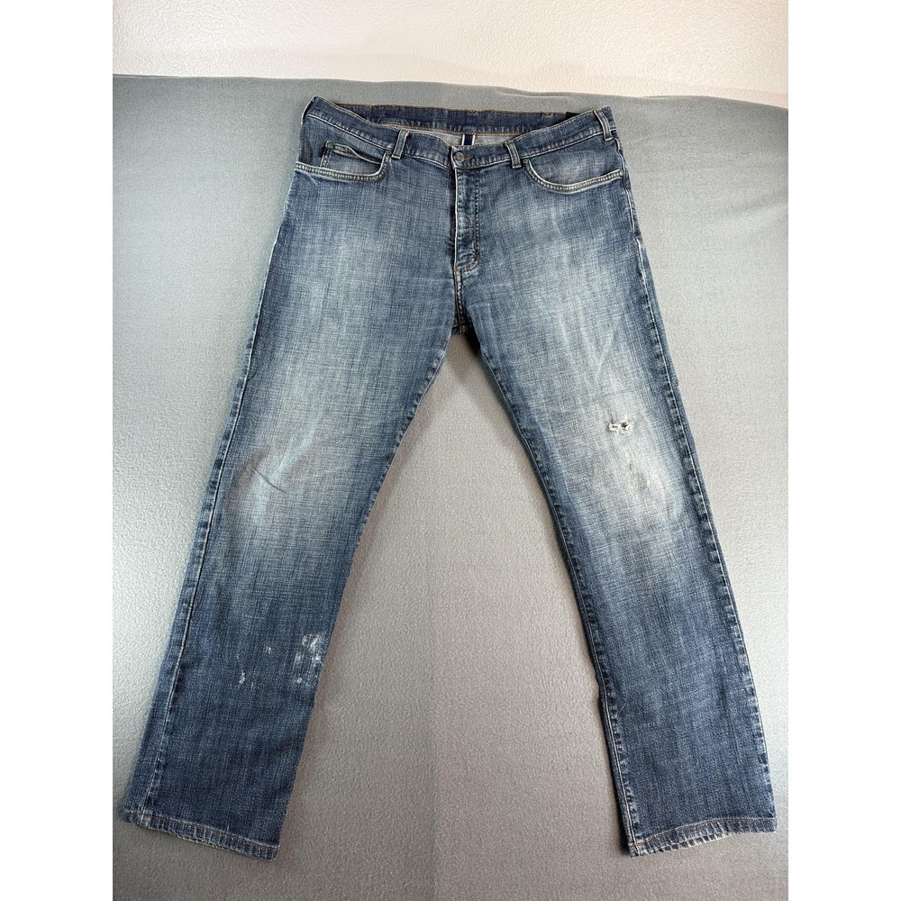 Zegna Sport Jeans Mens 38 Medium Wash Blue Straight Stretch Distressed Denim